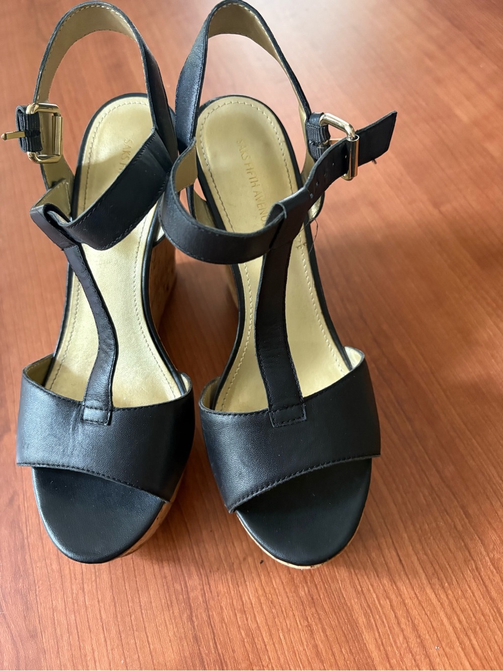 Saks Fifth Avenue Black T-Strap Wedge Sandals
